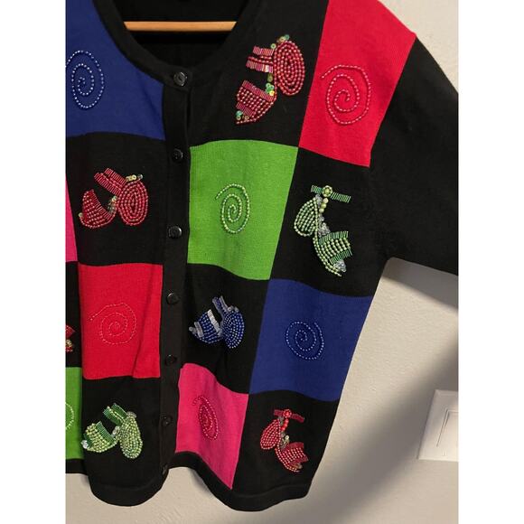 Terazzo Sweater Womens Large Black Colorblock Beaded Kokopelli Cardigan Artsy - Picture 3 of 9